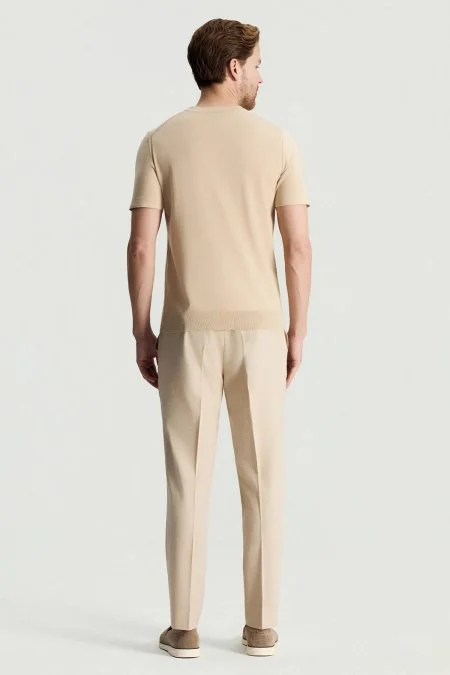 İpek Karışımlı Bisiklet Yaka Bej Triko T-Shirt