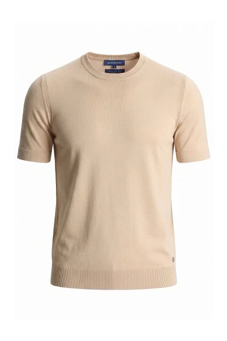 İpek Karışımlı Bisiklet Yaka Bej Triko T-Shirt