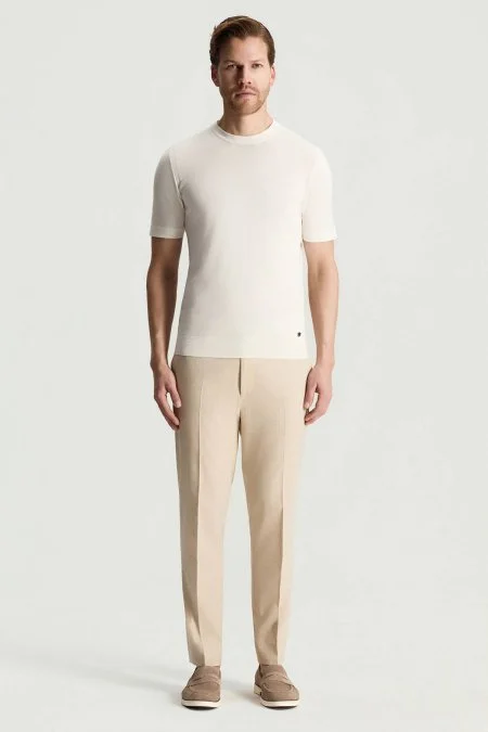 İpek Karışımlı Bisiklet Yaka Beyaz Triko T-Shirt