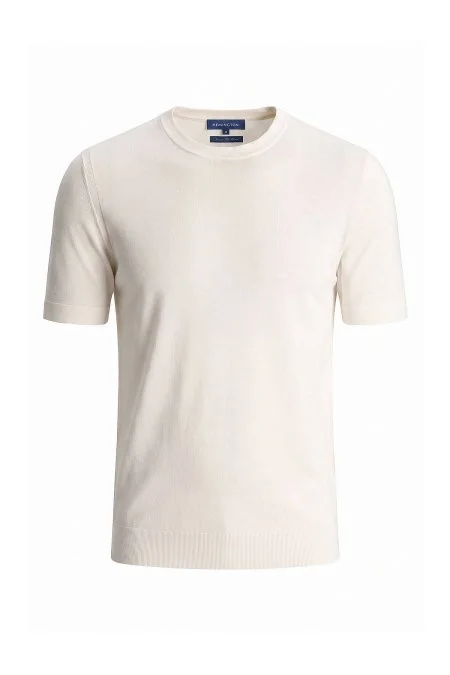 İpek Karışımlı Bisiklet Yaka Beyaz Triko T-Shirt