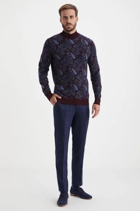 Paisley Desen İpek Merino Yarım Boğazlı Bordo Triko