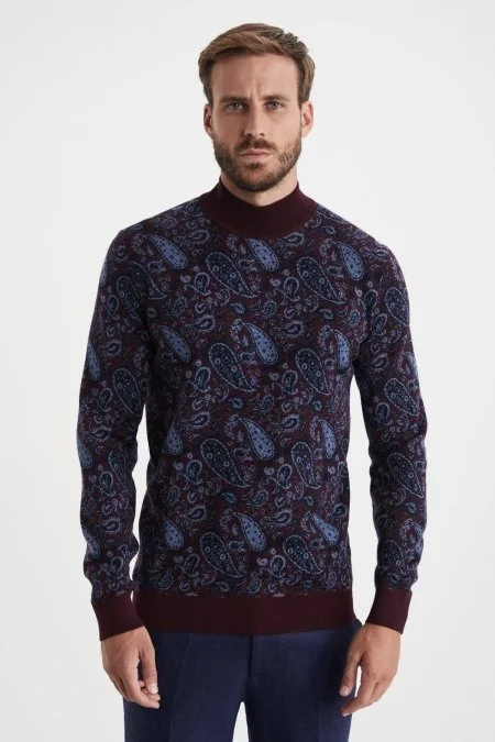 Paisley Desen İpek Merino Yarım Boğazlı Bordo Triko