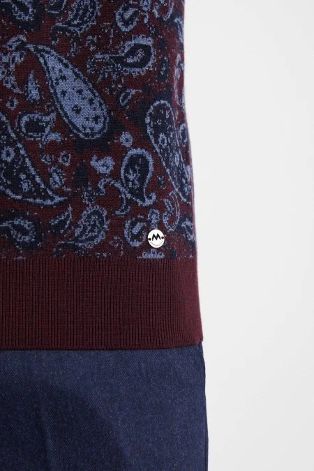 Paisley Desen İpek Merino Yarım Boğazlı Bordo Triko