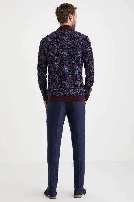 Paisley Desen İpek Merino Yarım Boğazlı Bordo Triko