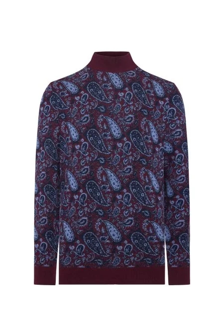 Paisley Desen İpek Merino Yarım Boğazlı Bordo Triko