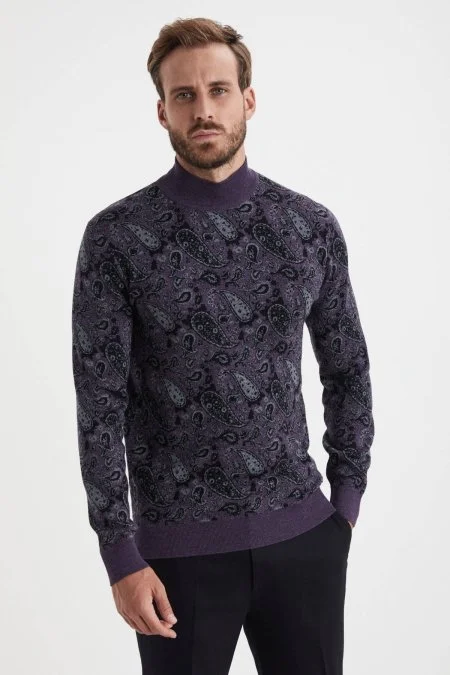 Paisley Desen İpek Merino Yarım Boğazlı Mor Triko