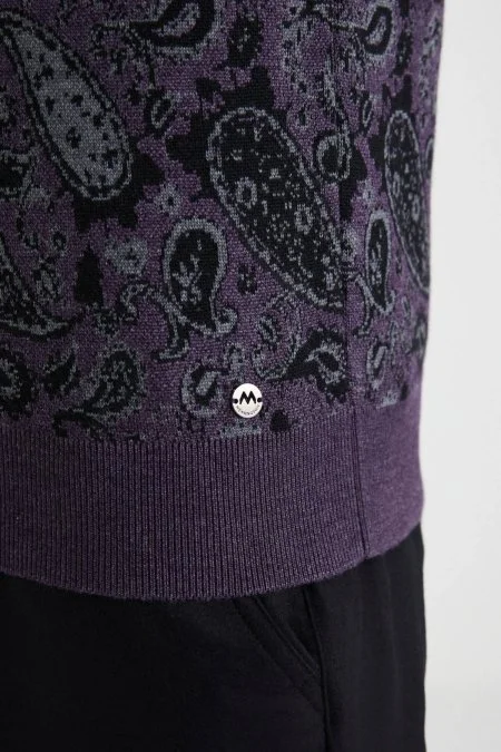Paisley Desen İpek Merino Yarım Boğazlı Mor Triko