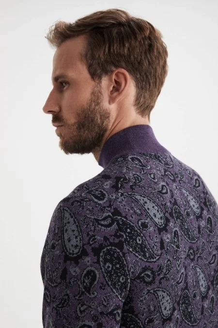 Paisley Desen İpek Merino Yarım Boğazlı Mor Triko