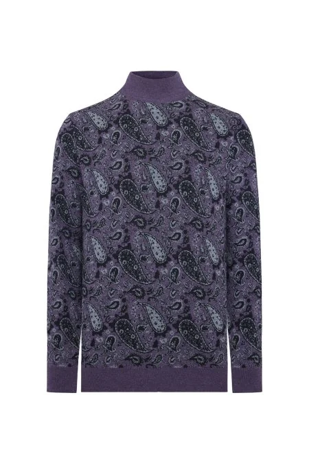 Paisley Desen İpek Merino Yarım Boğazlı Mor Triko