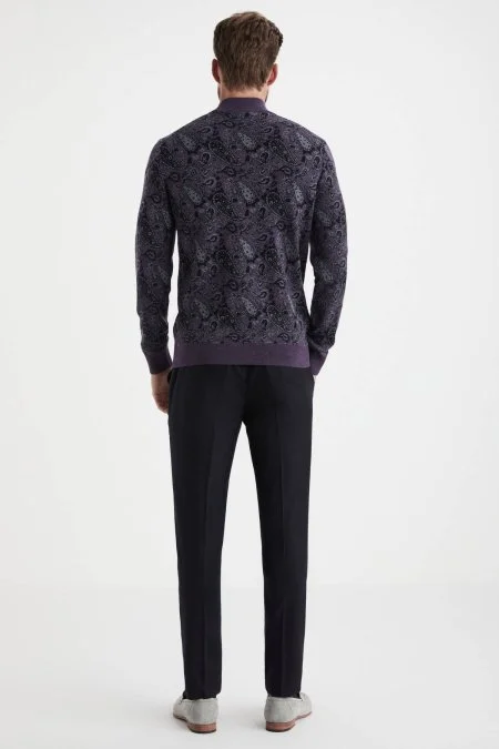 Paisley Desen İpek Merino Yarım Boğazlı Mor Triko