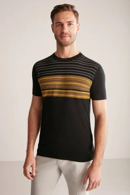 İpek Pamuk Karışım Çizgi Desenli Siyah Triko T-Shirt