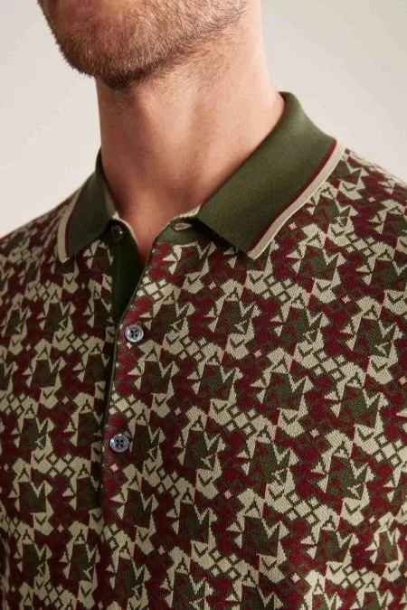 İpek Pamuk Karışım Desen Haki Triko Polo