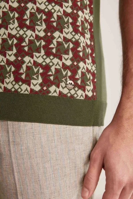 İpek Pamuk Karışım Desen Haki Triko Polo