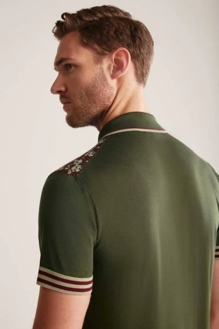 İpek Pamuk Karışım Desen Haki Triko Polo