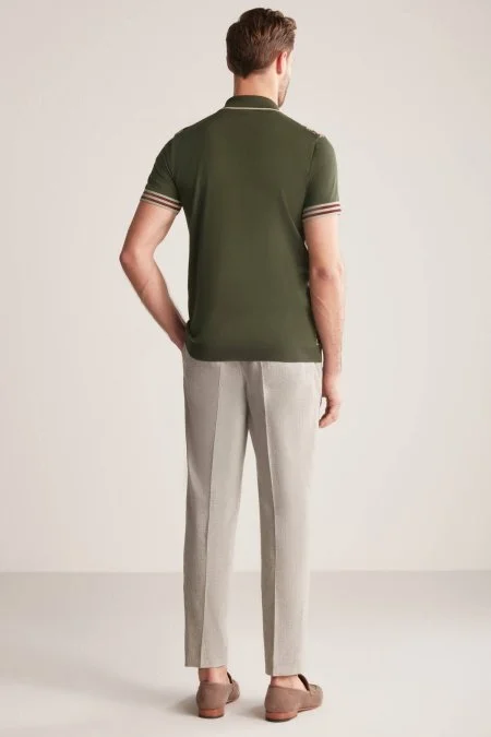 İpek Pamuk Karışım Desen Haki Triko Polo