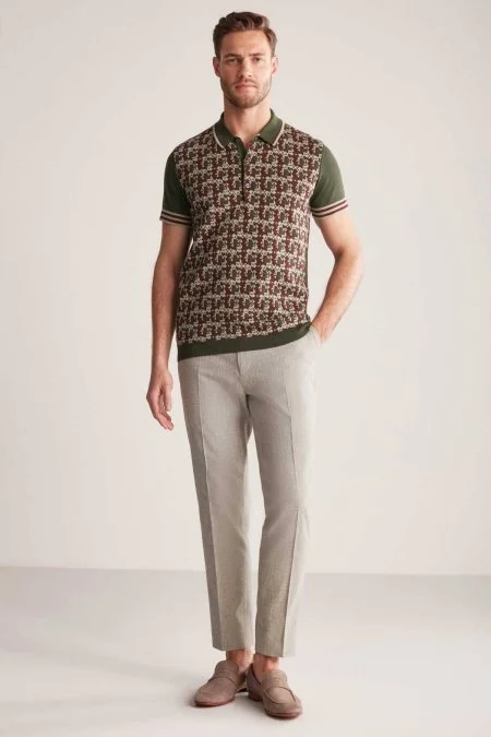 İpek Pamuk Karışım Desen Haki Triko Polo