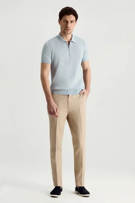 İpek Pamuk Karışım Fermuar Detaylı Açık Mavi Triko Polo