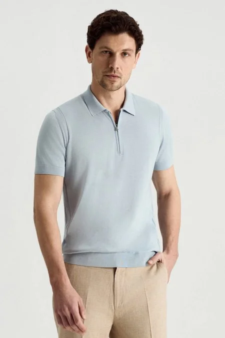 İpek Pamuk Karışım Fermuar Detaylı Açık Mavi Triko Polo