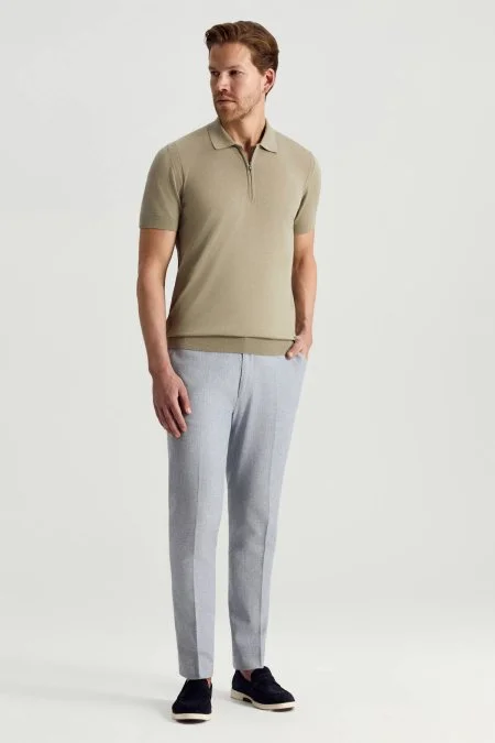 İpek Pamuk Karışım Fermuar Detaylı Açık Yeşil Triko Polo