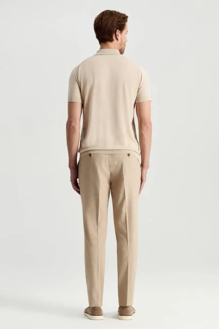 İpek Pamuk Karışım Fermuar Detaylı Bej Triko Polo