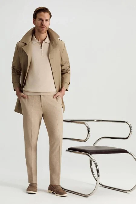 İpek Pamuk Karışım Fermuar Detaylı Bej Triko Polo