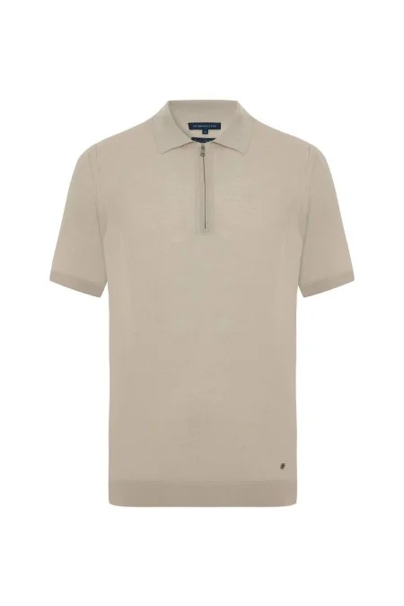İpek Pamuk Karışım Fermuar Detaylı Bej Triko Polo