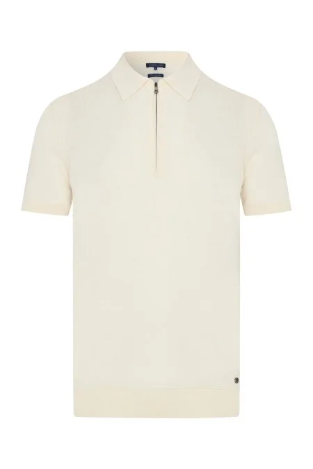 İpek Pamuk Karışım Fermuar Detaylı Beyaz Triko Polo