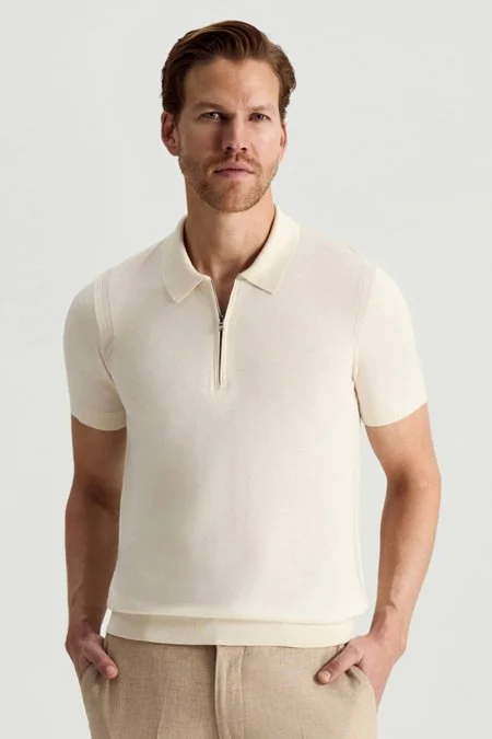 İpek Pamuk Karışım Fermuar Detaylı Beyaz Triko Polo