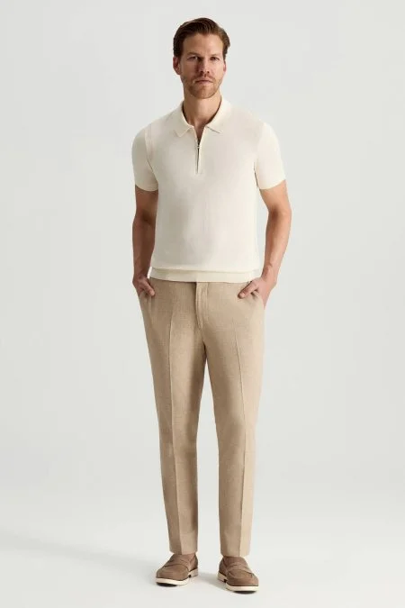 İpek Pamuk Karışım Fermuar Detaylı Beyaz Triko Polo