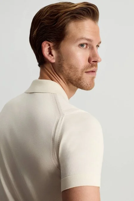 İpek Pamuk Karışım Fermuar Detaylı Beyaz Triko Polo