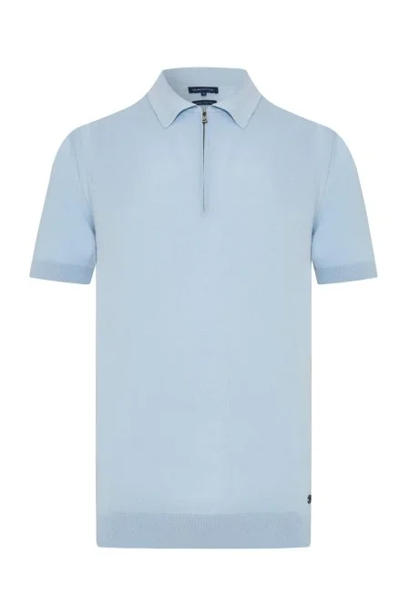 İpek Pamuk Karışım Fermuar Detaylı Gök Mavi Triko Polo