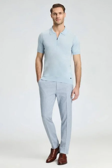 İpek Pamuk Karışım Fermuar Detaylı Gök Mavi Triko Polo