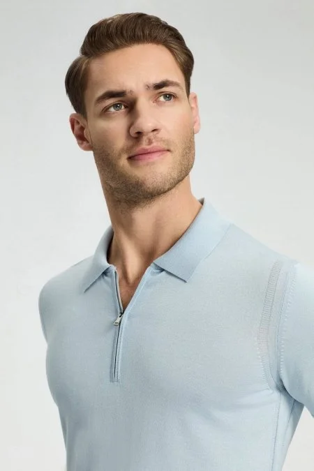 İpek Pamuk Karışım Fermuar Detaylı Gök Mavi Triko Polo