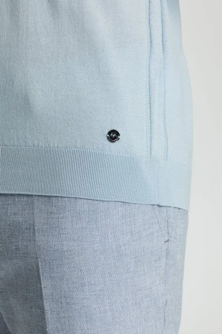 İpek Pamuk Karışım Fermuar Detaylı Gök Mavi Triko Polo