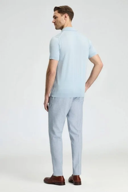 İpek Pamuk Karışım Fermuar Detaylı Gök Mavi Triko Polo