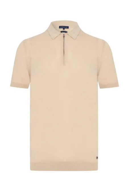 İpek Pamuk Karışım Fermuar Detaylı Krem Rengi Triko Polo