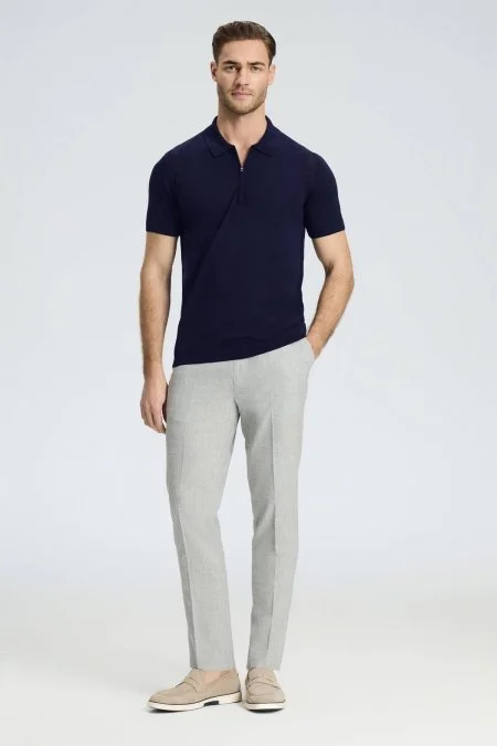 İpek Pamuk Karışım Fermuar Detaylı Lacivert Triko Polo