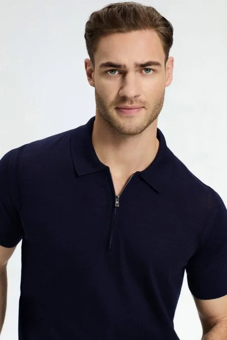 İpek Pamuk Karışım Fermuar Detaylı Lacivert Triko Polo