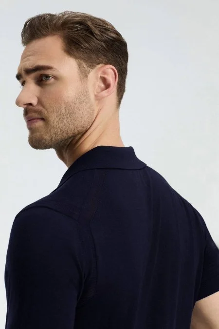 İpek Pamuk Karışım Fermuar Detaylı Lacivert Triko Polo