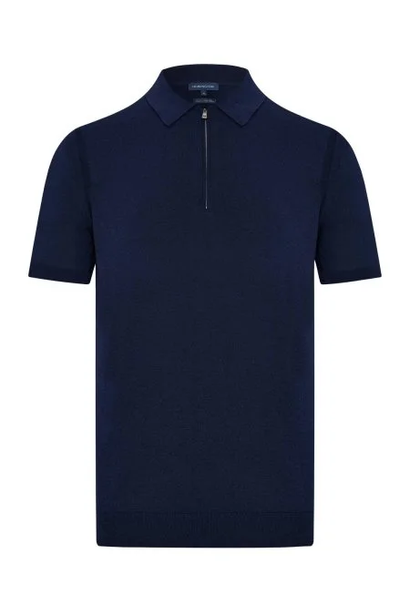 İpek Pamuk Karışım Fermuar Detaylı Lacivert Triko Polo