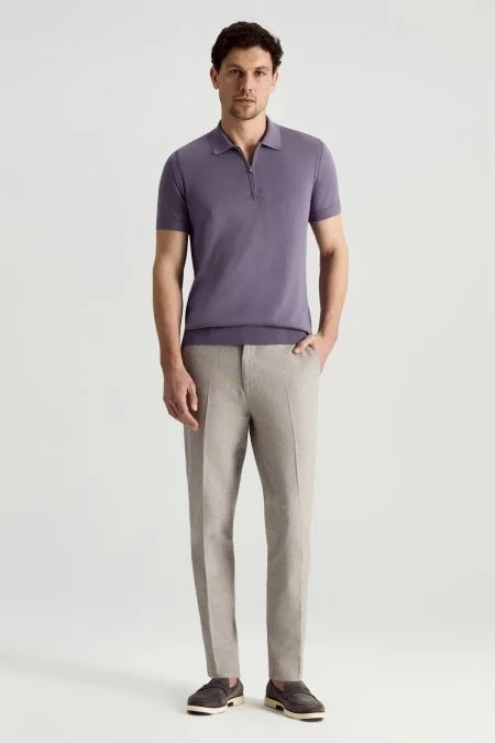 İpek Pamuk Karışım Fermuar Detaylı Mor Triko Polo