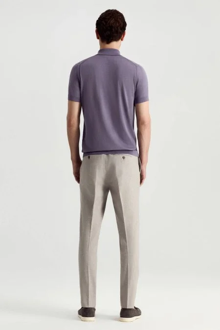 İpek Pamuk Karışım Fermuar Detaylı Mor Triko Polo