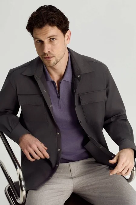 İpek Pamuk Karışım Fermuar Detaylı Mor Triko Polo