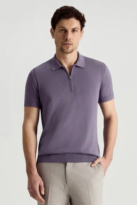İpek Pamuk Karışım Fermuar Detaylı Mor Triko Polo