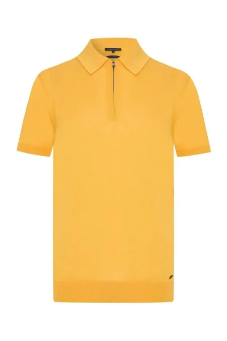 İpek Pamuk Karışım Fermuar Detaylı Sarı Triko Polo