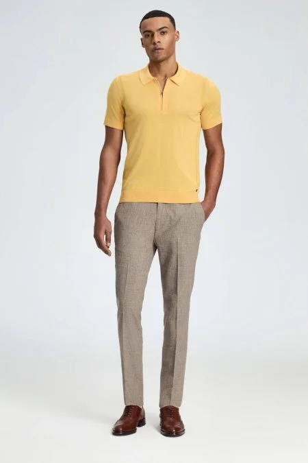 İpek Pamuk Karışım Fermuar Detaylı Sarı Triko Polo