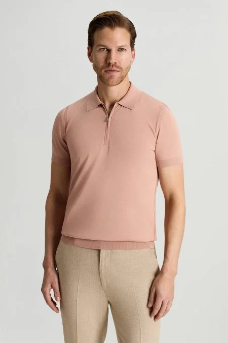 İpek Pamuk Karışım Fermuar Detaylı Somon Rengi Triko Polo