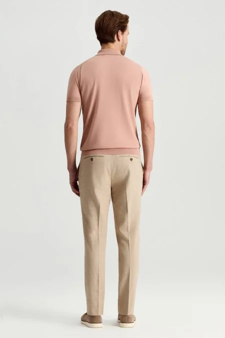 İpek Pamuk Karışım Fermuar Detaylı Somon Rengi Triko Polo