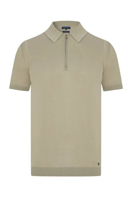 İpek Pamuk Karışım Fermuar Detaylı Yeşil Triko Polo