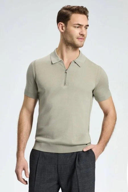 İpek Pamuk Karışım Fermuar Detaylı Yeşil Triko Polo